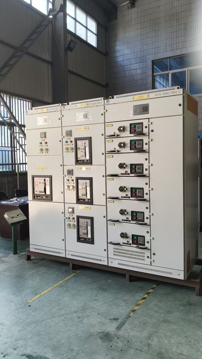 Low voltage distribution panel angle view showing breaker compartments